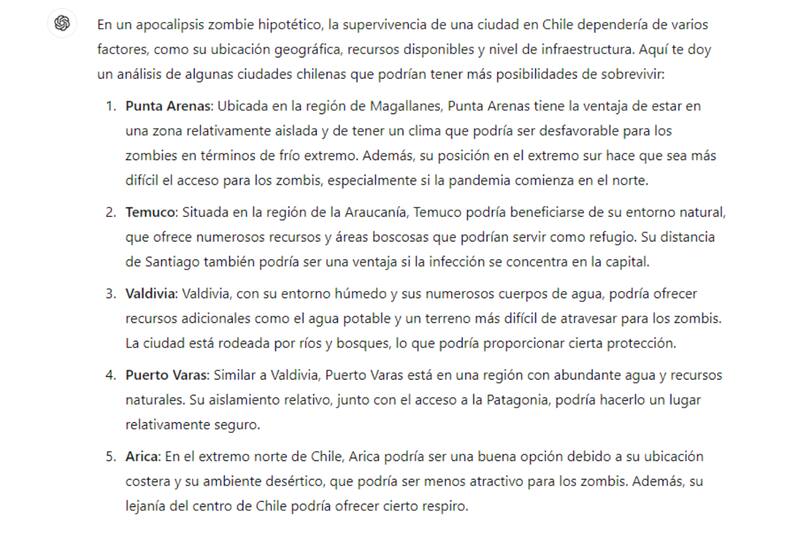 Respuesta de ChatGPT por la ciudad con mayor probabilidad de sobrevivir un apocalipsis zombie.