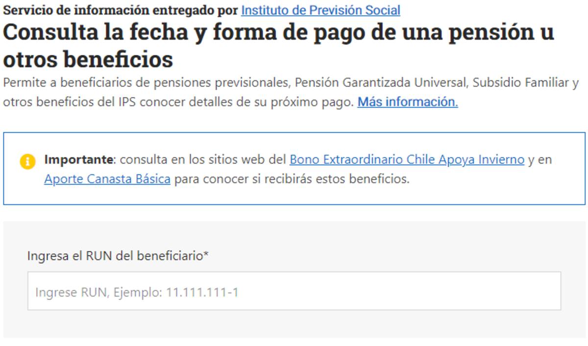 Ingresar al sitio de consultas de Chile Atiende y digitar tu RUT para saber cuándo recibes estos beneficios. Créditos: ChileAtiende.