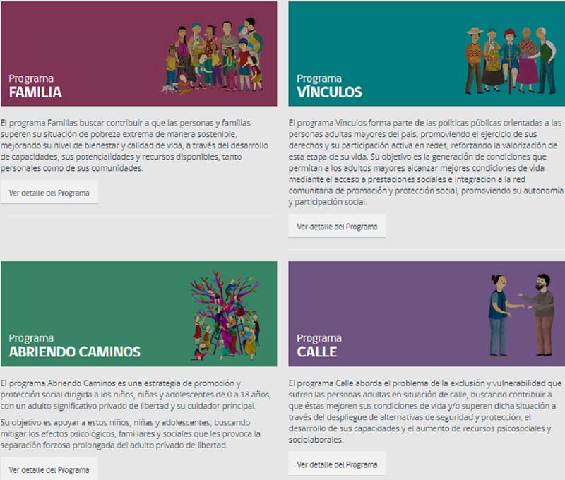 Chile Solidario consta de cuatro programas de ayudas sociales a personas y familias más vulnerables. Créditos: Captura de pantalla sitio Chile Seguridades y Oportunidades.