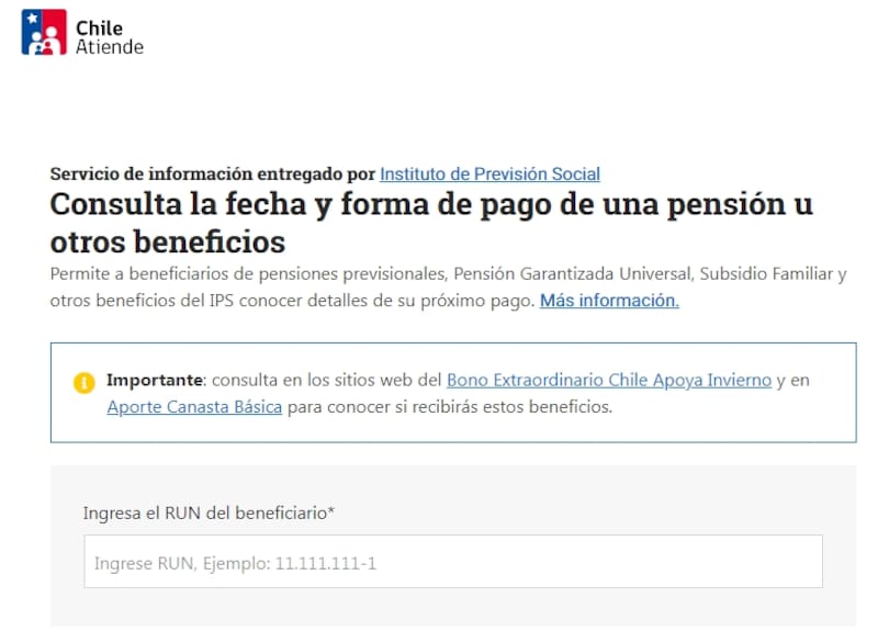 Ingresar al sitio de consultas de Chile Atiende y digitar tu RUT para saber cuándo recibes estos beneficios. Créditos: ChileAtiende.