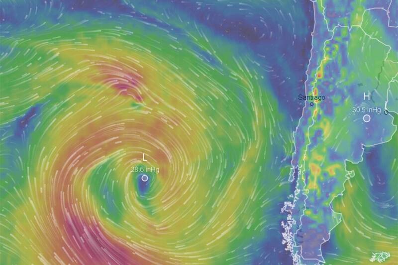Así se aproxima el ciclón a Chile. Créditos: Ventusky.