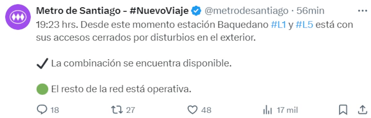 Cierre de estación Baquedano. Créditos: Captura @metrodesantiago