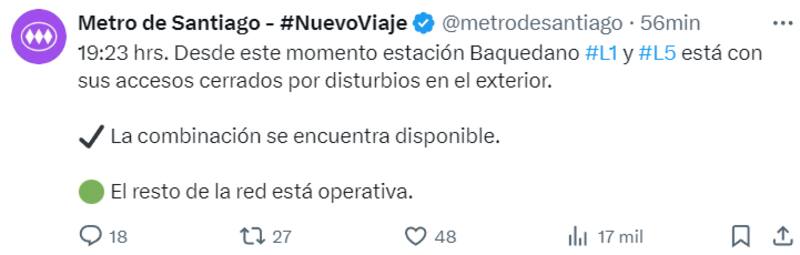 Cierre de estación Baquedano. Créditos: Captura @metrodesantiago