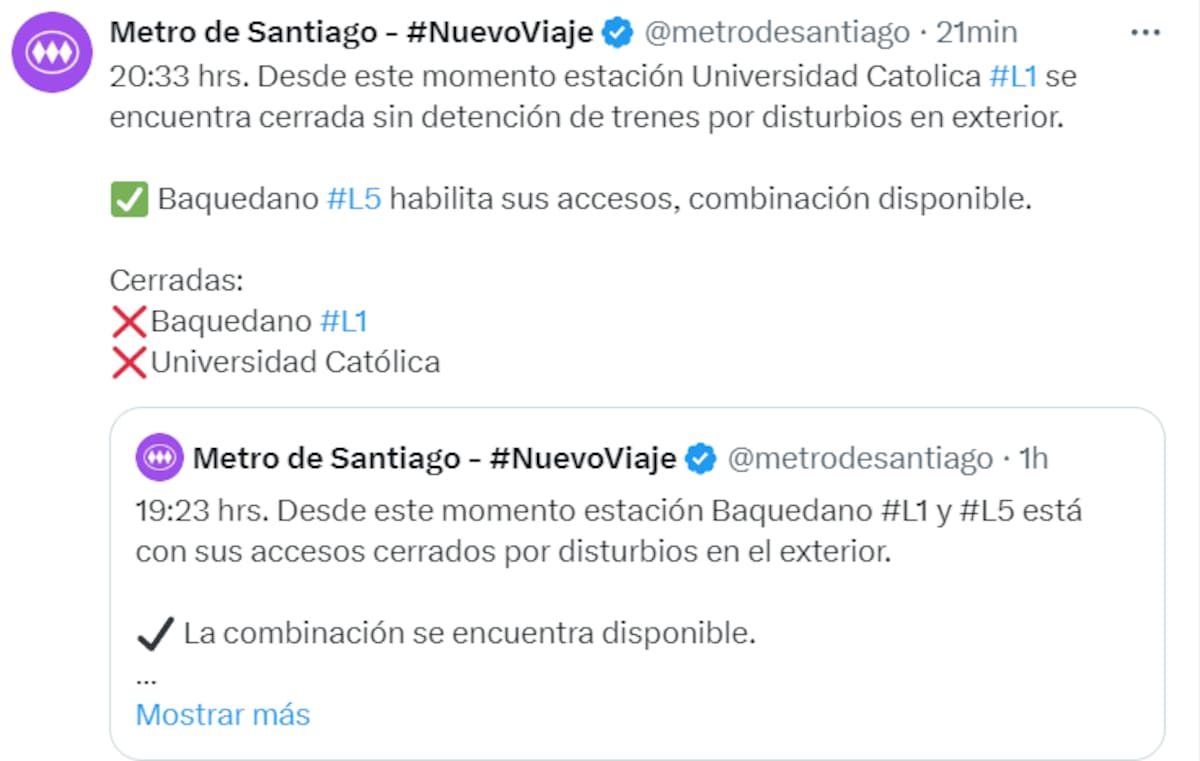 Cierre de estación Universidad Católica. Créditos: @metrodesantiago.