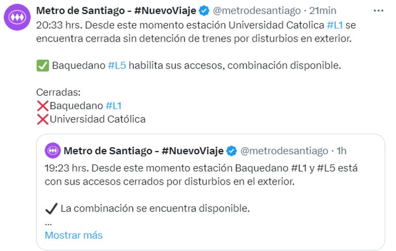 Cierre de estación Universidad Católica. Créditos: @metrodesantiago.