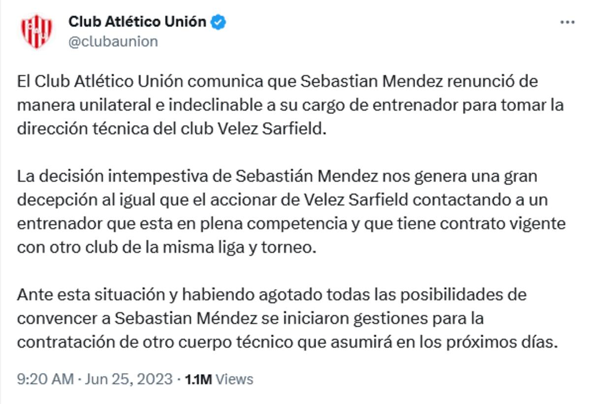 Este fue el comunicado que sacó Unión de Santa Fe en su cuenta de Twitter.