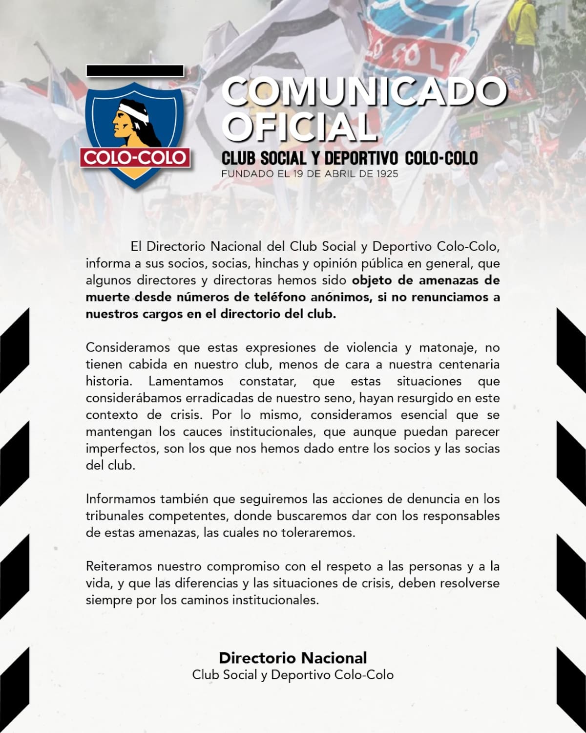 El comunicado que sacó el Club Social y Deportivo Colo Colo tras recibir amenazas anónimas.