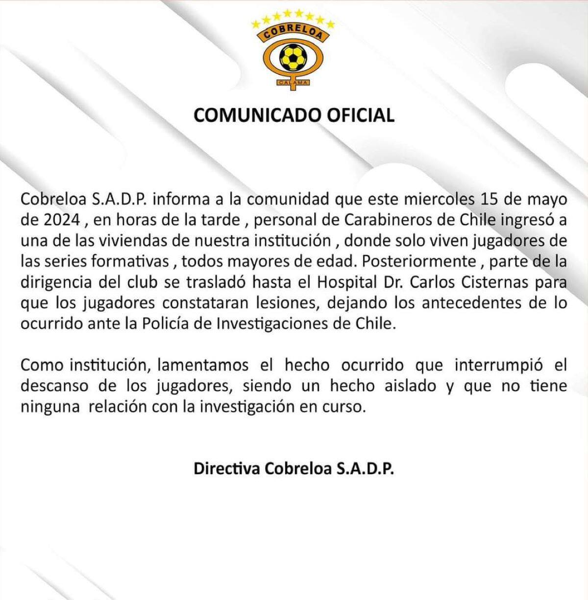El comunicadoe emitido por el elenco loíno. (Foto: @Cobreloa_SADP/X)