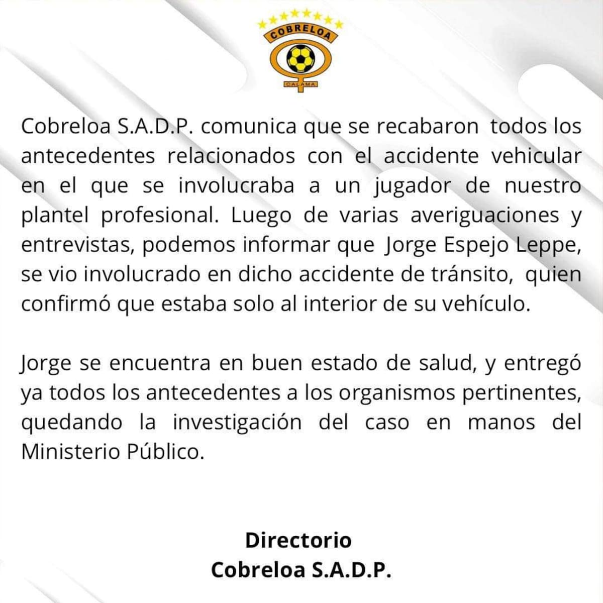 Cobreloa confirma accidente de tránsito de Jorge Espejo.