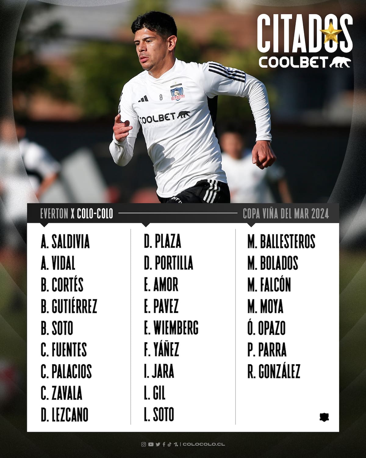La lista de convocados de Jorge Almirón para el compromiso entre Colo Colo y Everton de Viña del Mar.