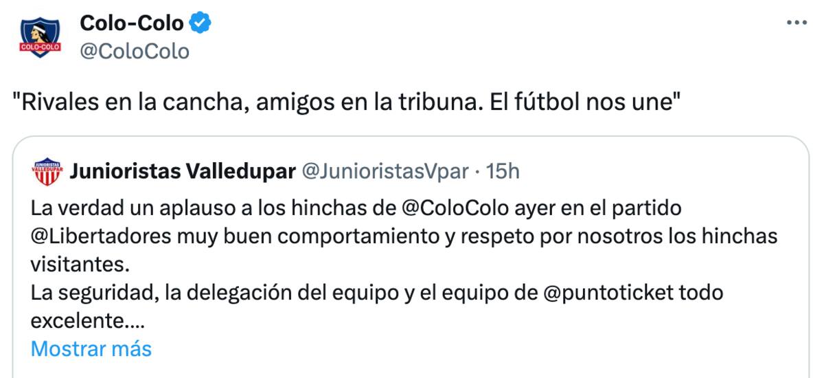 Colo Colo respondió a hinchas de Junior que vinieron a Chile.
