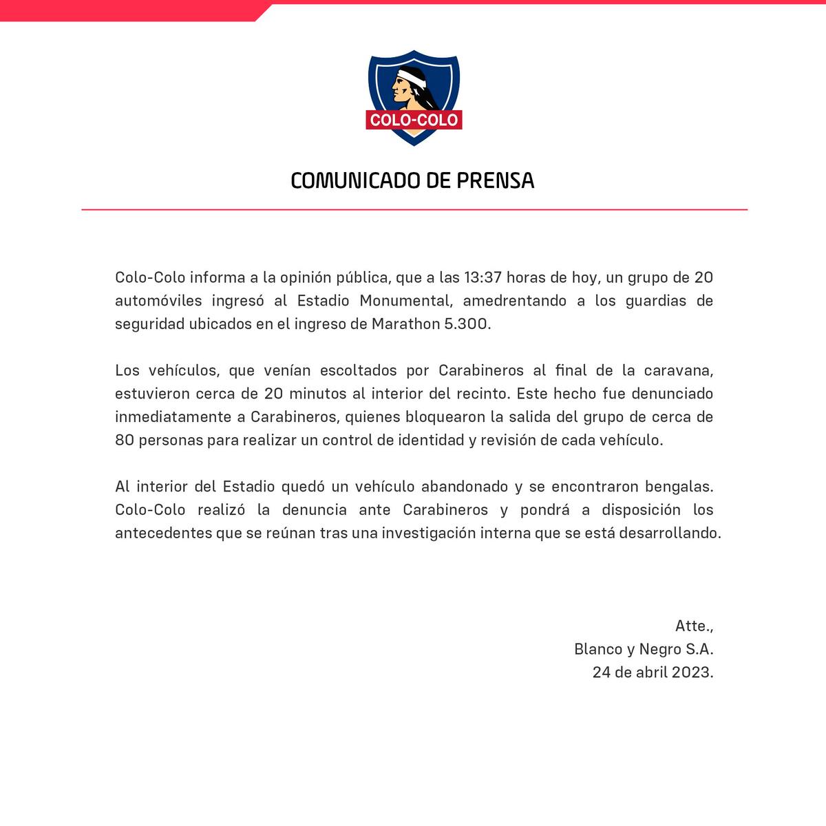 Este fue el comunicado de Colo Colo por lo ocurrido el lunes en el Estadio Monumental.