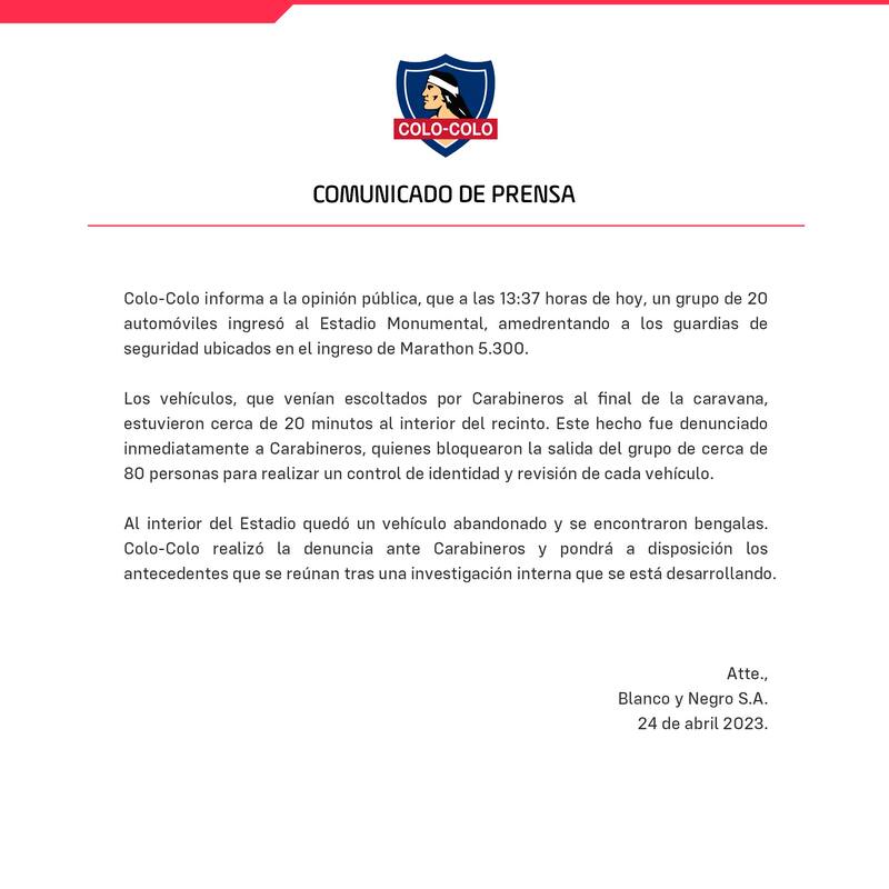 Este fue el comunicado de Colo Colo por lo ocurrido el lunes en el Estadio Monumental.