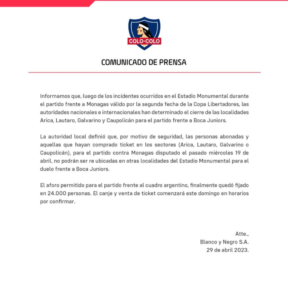 Comunicado de prensa de Colo Colo.
