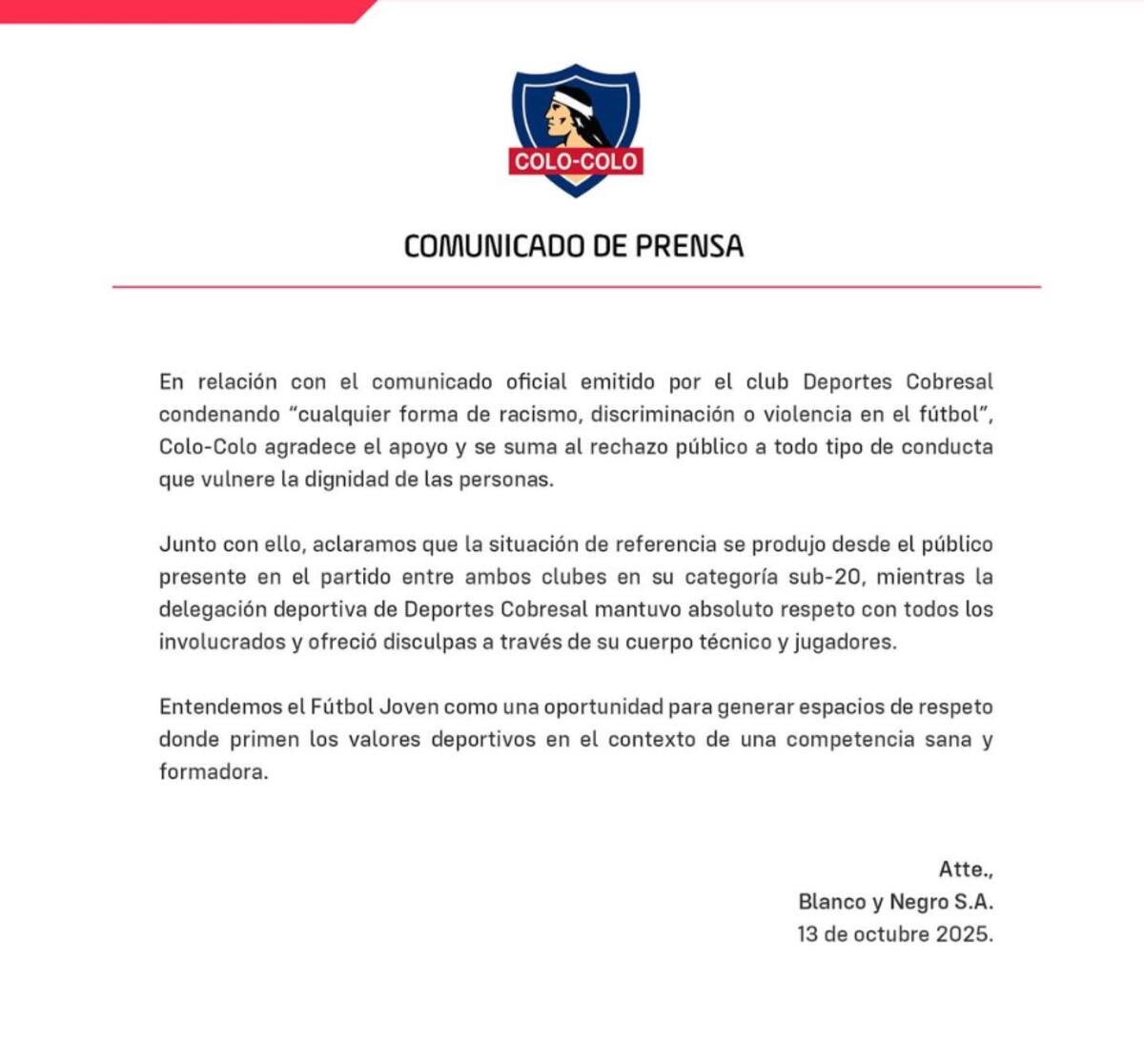 El comunicado de Blanco y Negro por los insultos racistas a Clerveaux