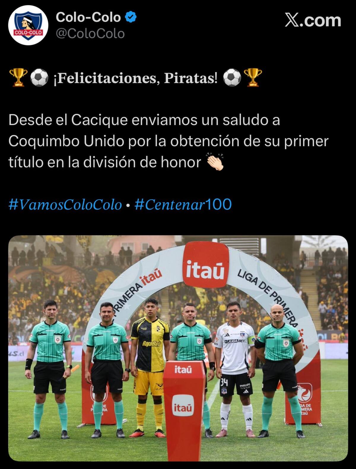 Los Albos felicitaron a los Piratas por la obtención de su primer título. Foto: Colo Colo en X