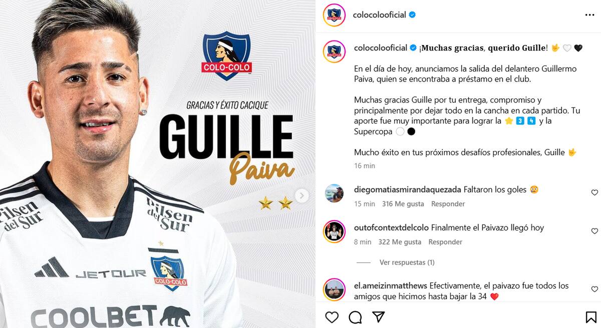 La cuenta de Instagram de Colo Colo anunció la salida de Guillermo Paiva