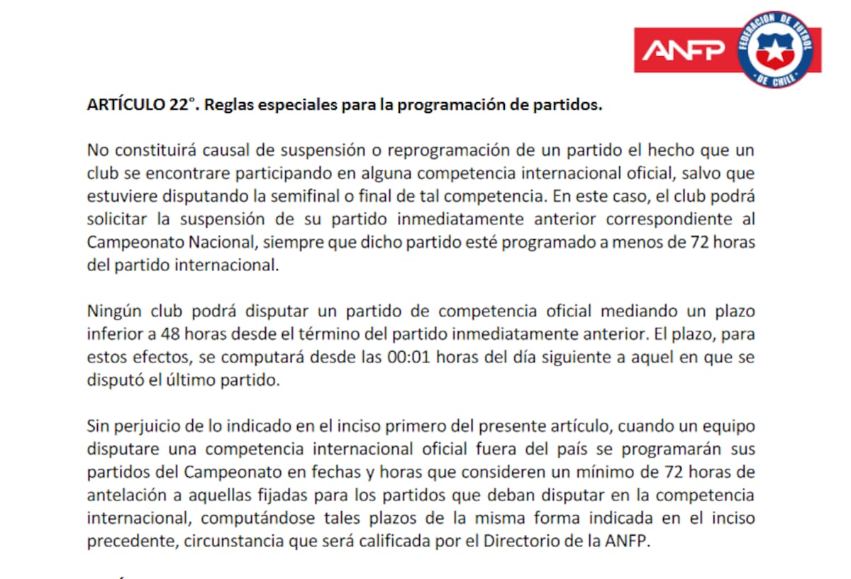 Artículo 22 de las Bases del Campeonato Nacional de Primera División Temporada 2023.
