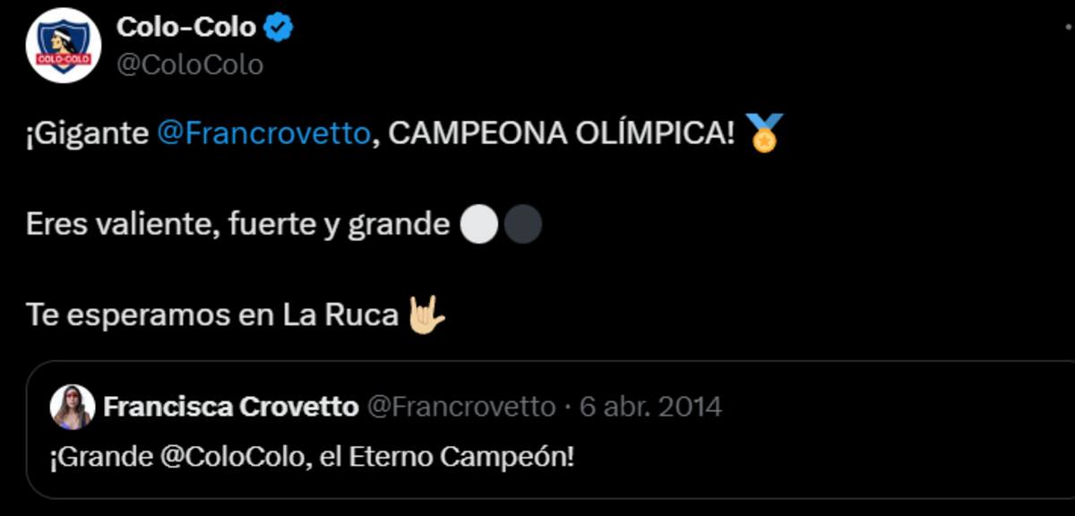 El mensaje que le dedicó Colo Colo a Francisca Crovetto a través de redes sociales.