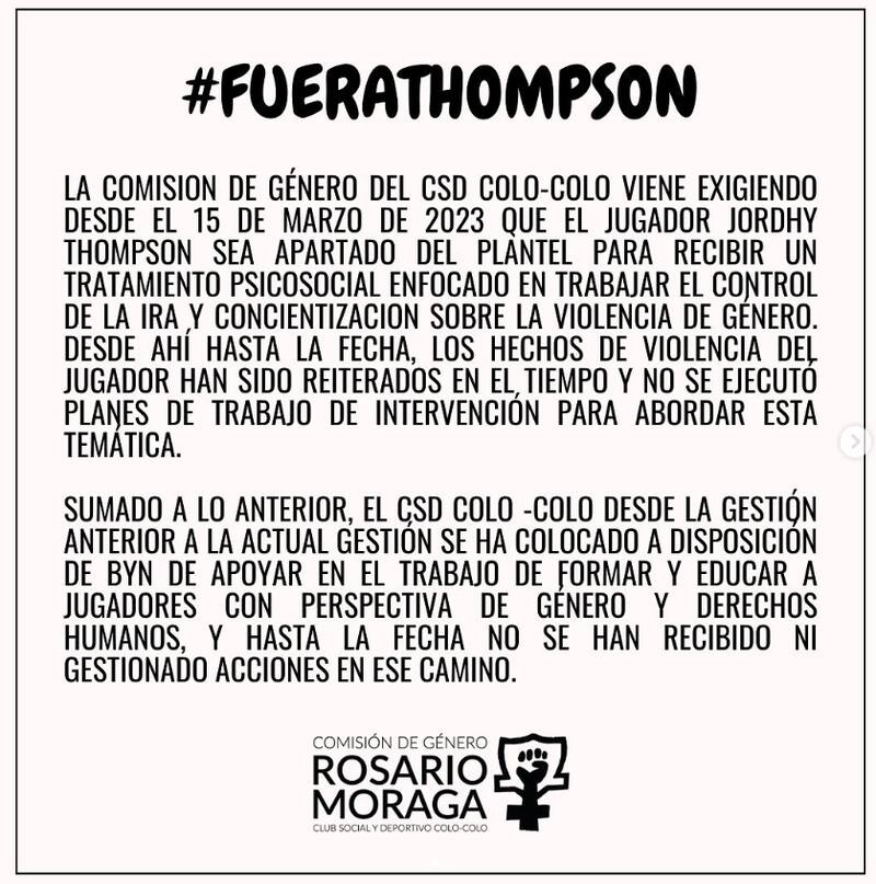 El mensaje de la Comisión de Género del CSD Colo Colo tras la nueva polémica de Jordhy Thompson