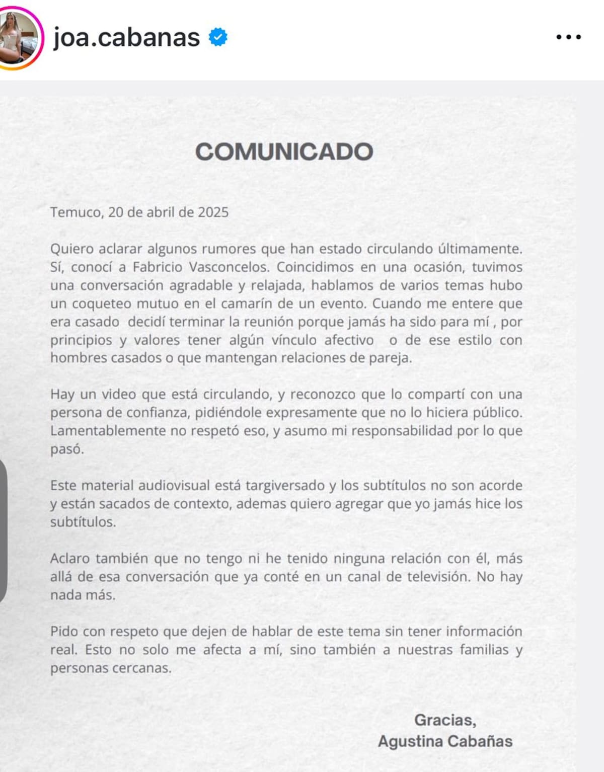 Este fue el mensaje que subió la entrevistada en sus redes sociales.