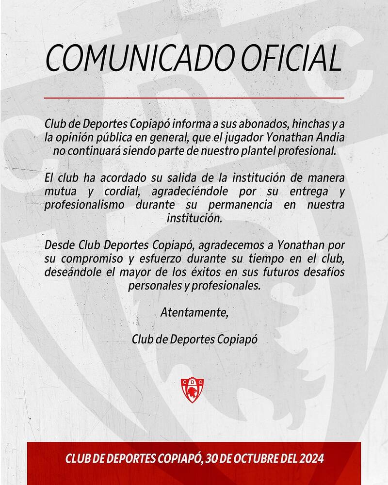 Comunicado de Deportes Copiapó.