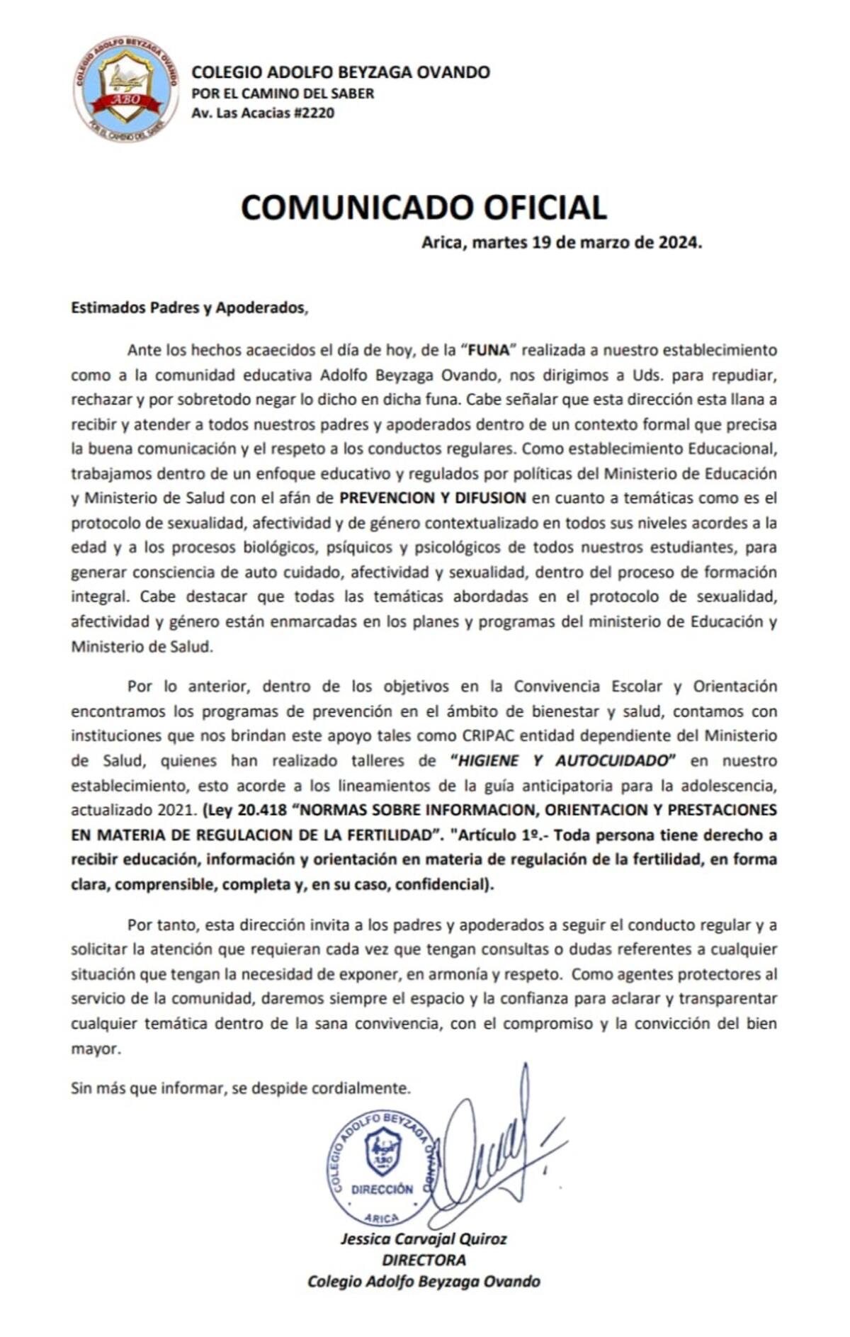 Este es el comunicado que publicó el Colegio Adolfo Beyzaga Ovando de Arica en su página oficial.