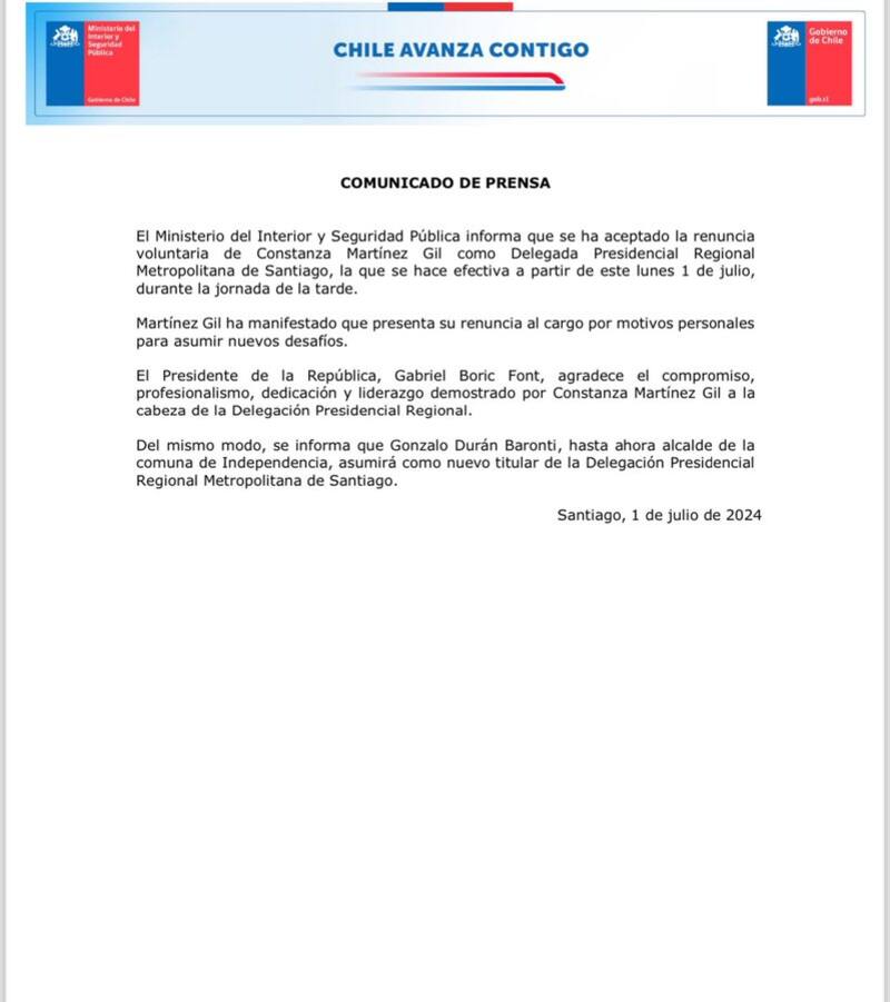 Comunicado Chile Avanza Contigo.