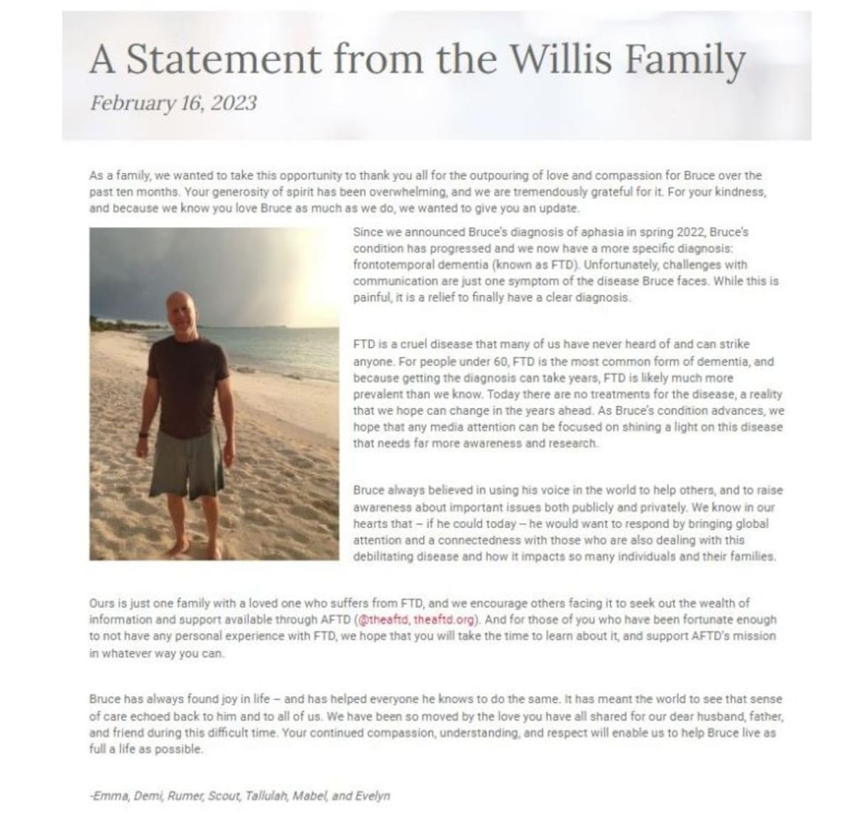 Por medio de la “Asociación para la Degeneración Frontotemporal”, la actriz comparte el diagnostico completo del actor, Bruce Willis