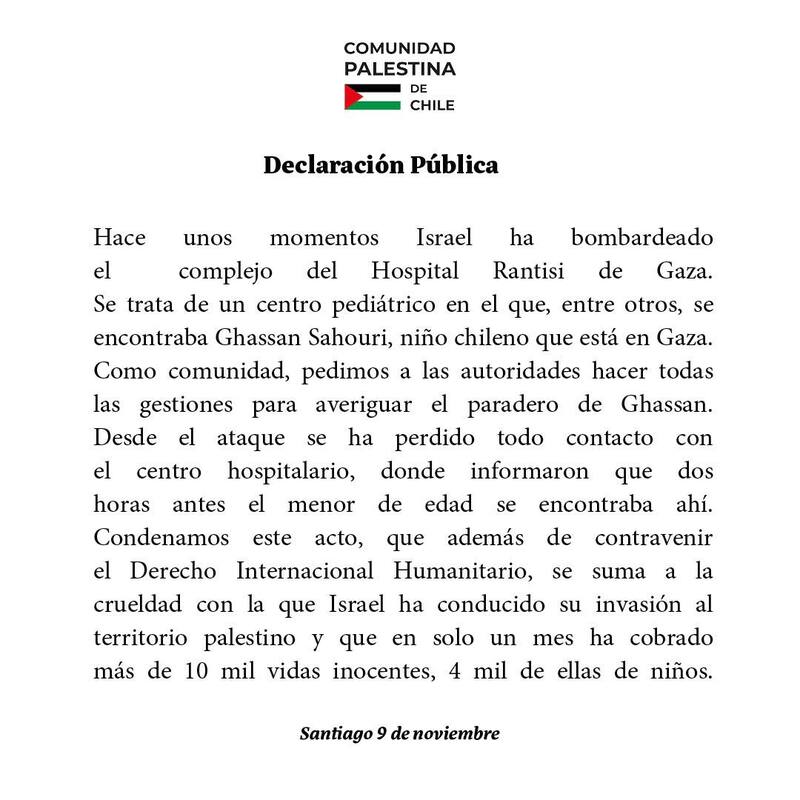 Este es el comunicado publicado por la Comunidad Palestina en Chile en X.