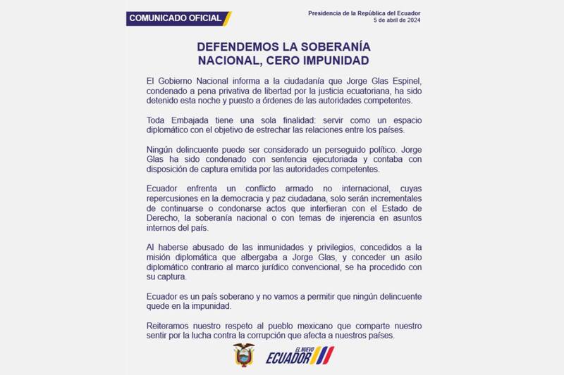 Comunicado del presidente de Ecuador, Daniel Noboa, sobre la irrupción de policía en la embajada de México en Quito.