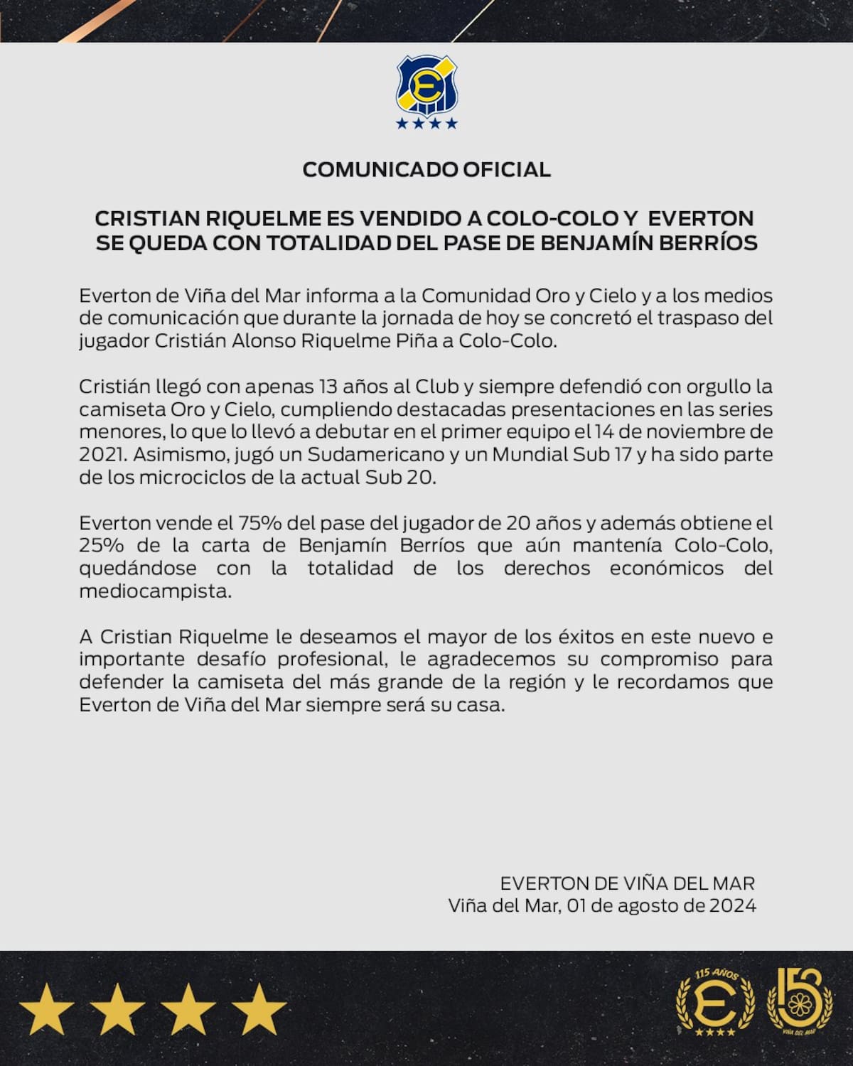 Comunicado de Everton sobre la llegada del otro 25% de Benjamín Berrios.