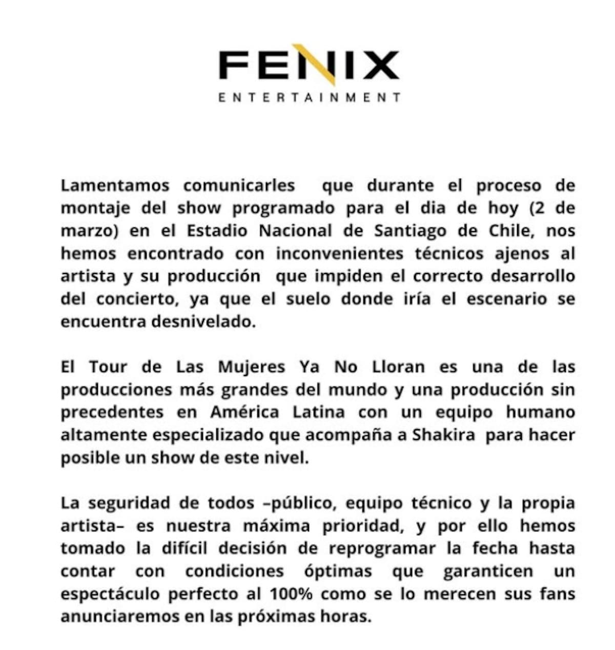 Se supendió el concierto de este domingo. Créditos: Instagram