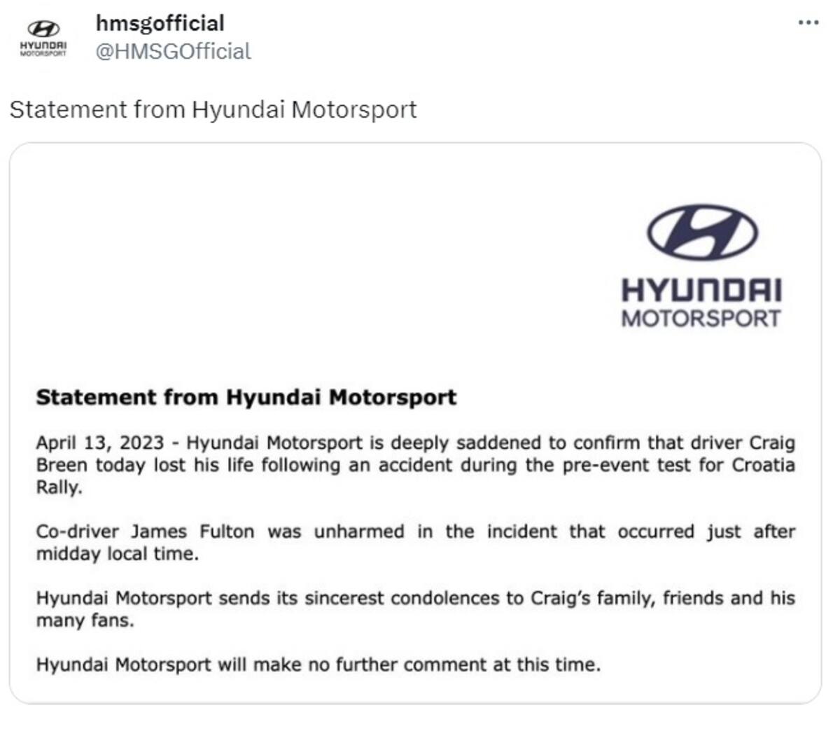 Hyundai Motorsport confirmó la muerte del piloto.