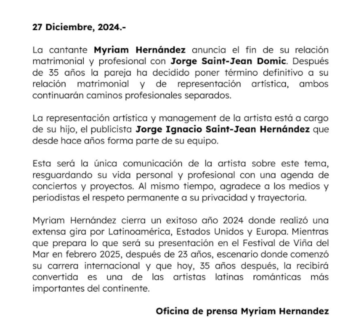 Se confirma la separación de la cantante en la antesala de su presentación en el Festival de Viña 2025. Créditos: Instagram
