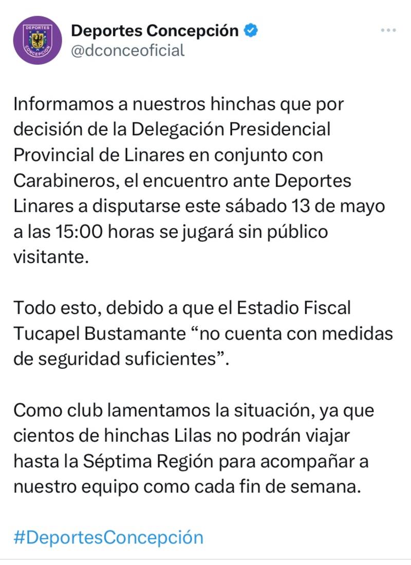 Deportes Concepción informó la decisión de la Delegación Presidencial.