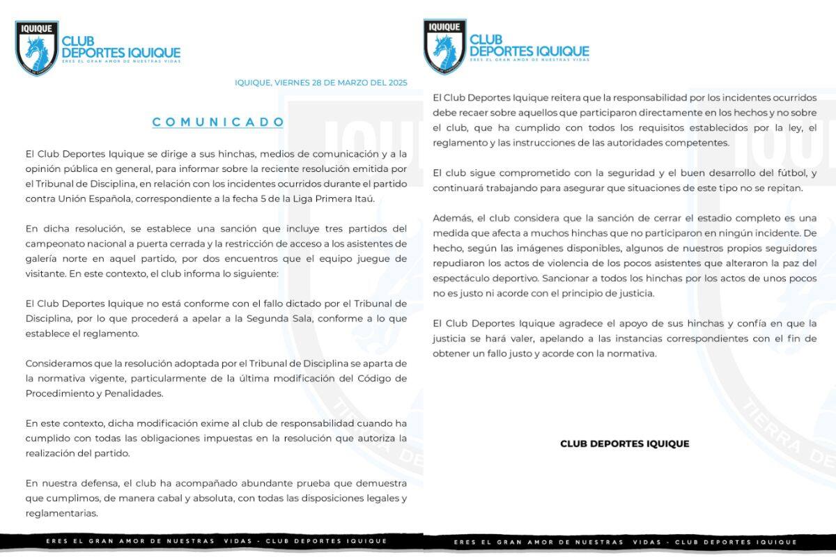 Los Dragones Celestes anunciaron que apelarán a la sanción de la ANFP.