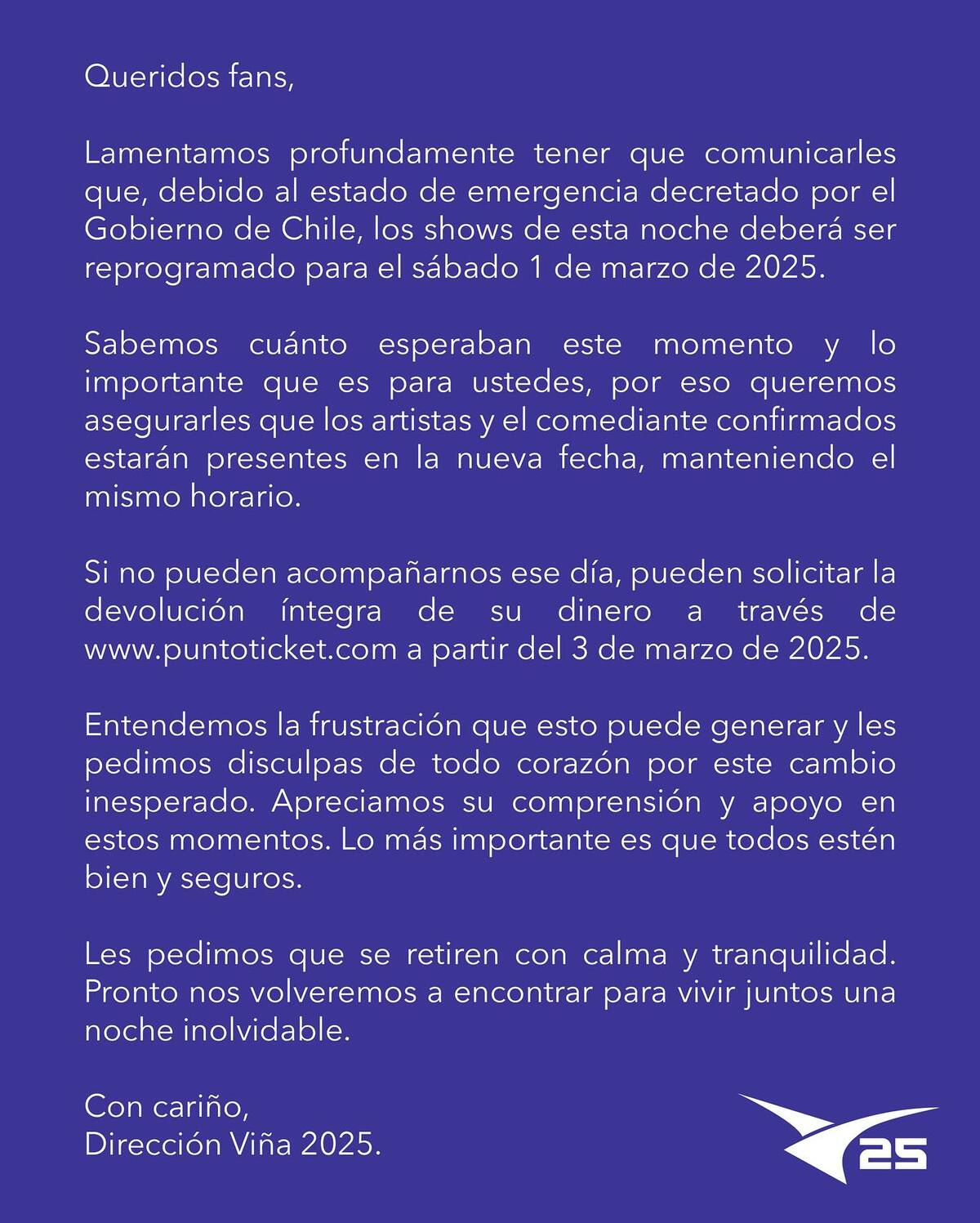 La productora anunció la suspensión de la tercera jornada del evento.
