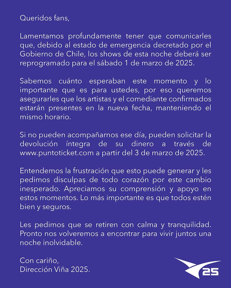 La productora anunció la suspensión de la tercera jornada del evento.