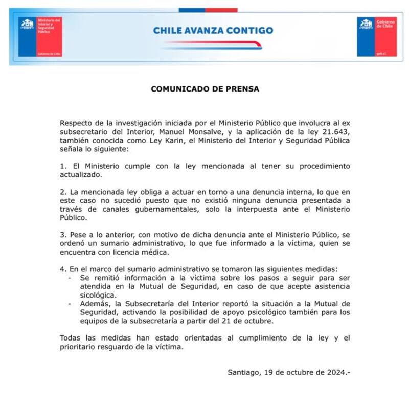 Este es el comunicado completo del Ministerio del Interior.