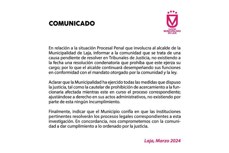 Así informó la Municipalidad de Laja que el alcalde Roberto Quintana seguirá ejerciendo sus labores.