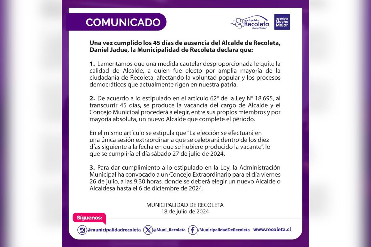 Así anunció el Consejo Municipal la decisión de reunirse para poder elegir a un nuevo alcalde suplente ante la salida de Jadue.