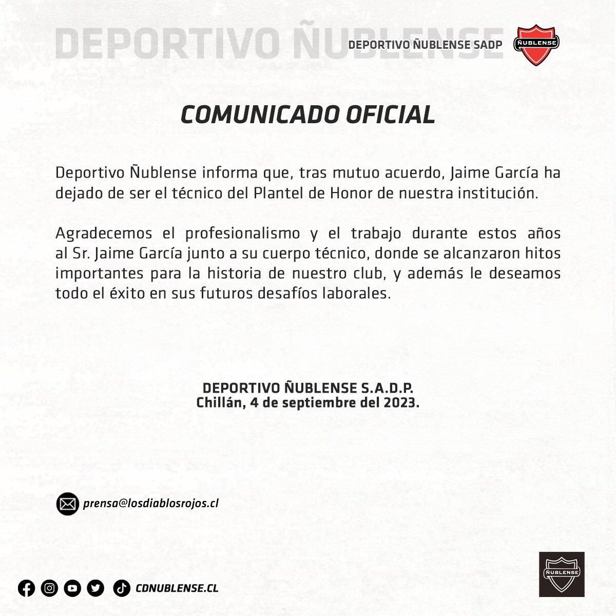 Con este comunicado público, Ñublense anunció la partida del entrenador Jaime García.