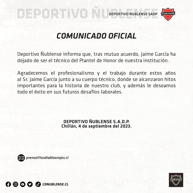 Con este comunicado público, Ñublense anunció la partida del entrenador Jaime García.