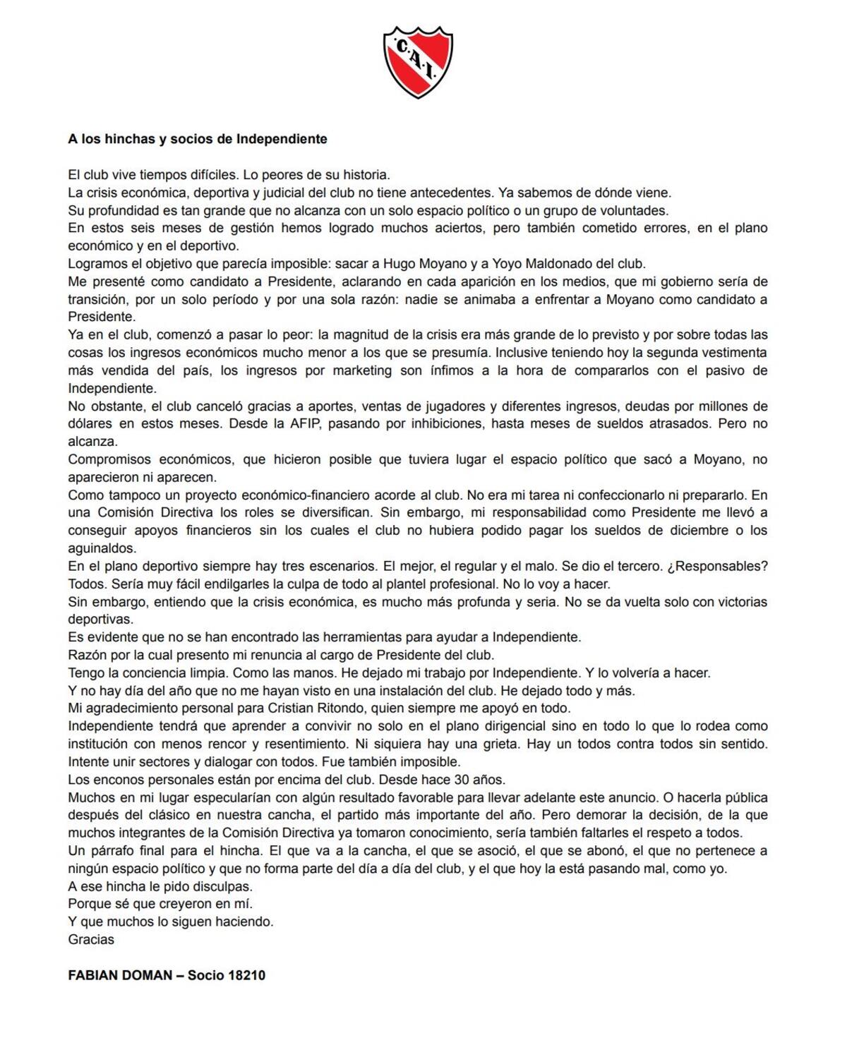 El comunicado del presidente de Independiente de Avellaneda.
