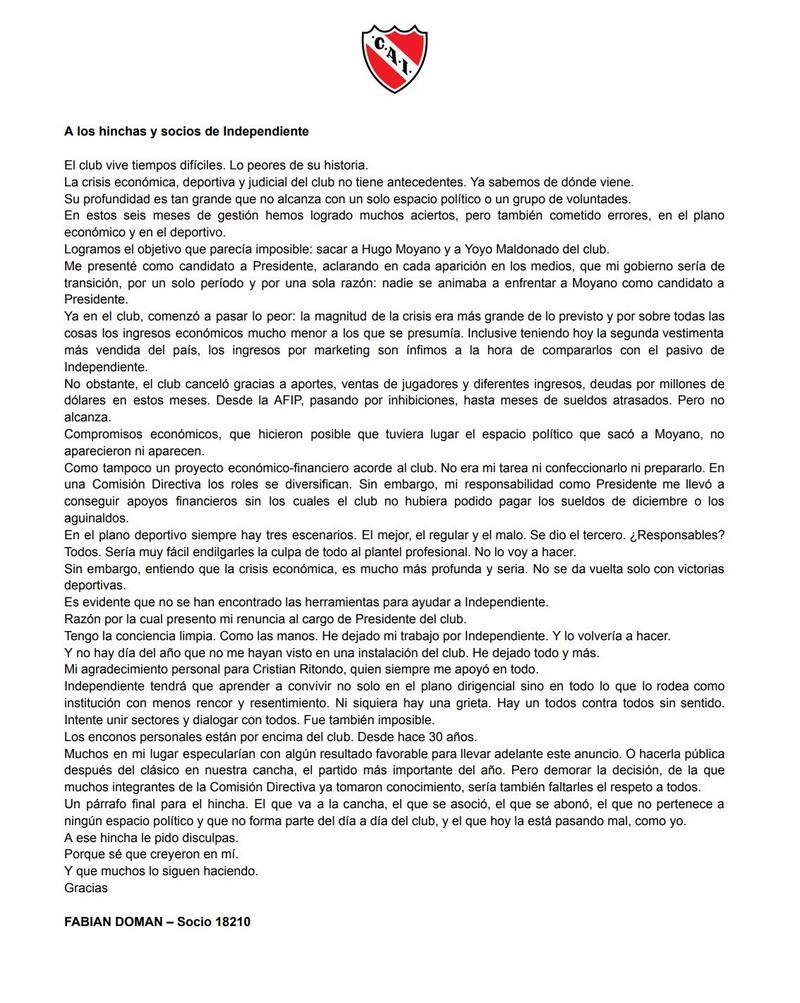 El comunicado del presidente de Independiente de Avellaneda.
