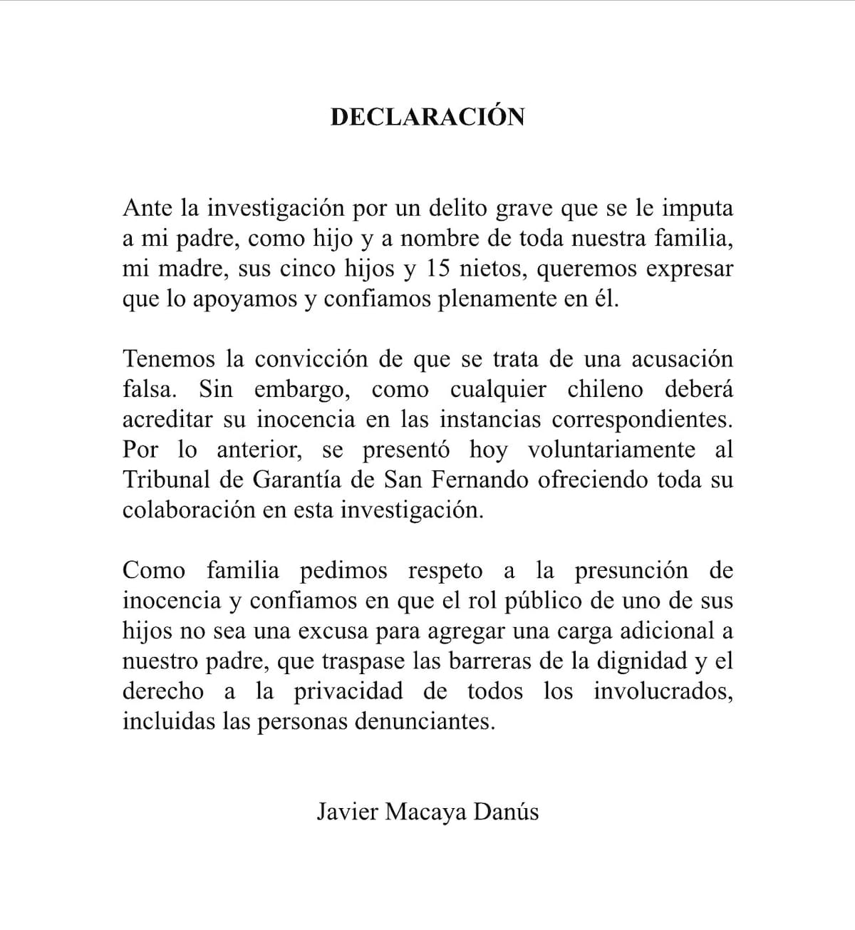 El senador y presidente de la UDI, Javier Macaya, se refirió a la detención de su padre mediante este comunicado. Imagen: Twitter Javier Macaya.