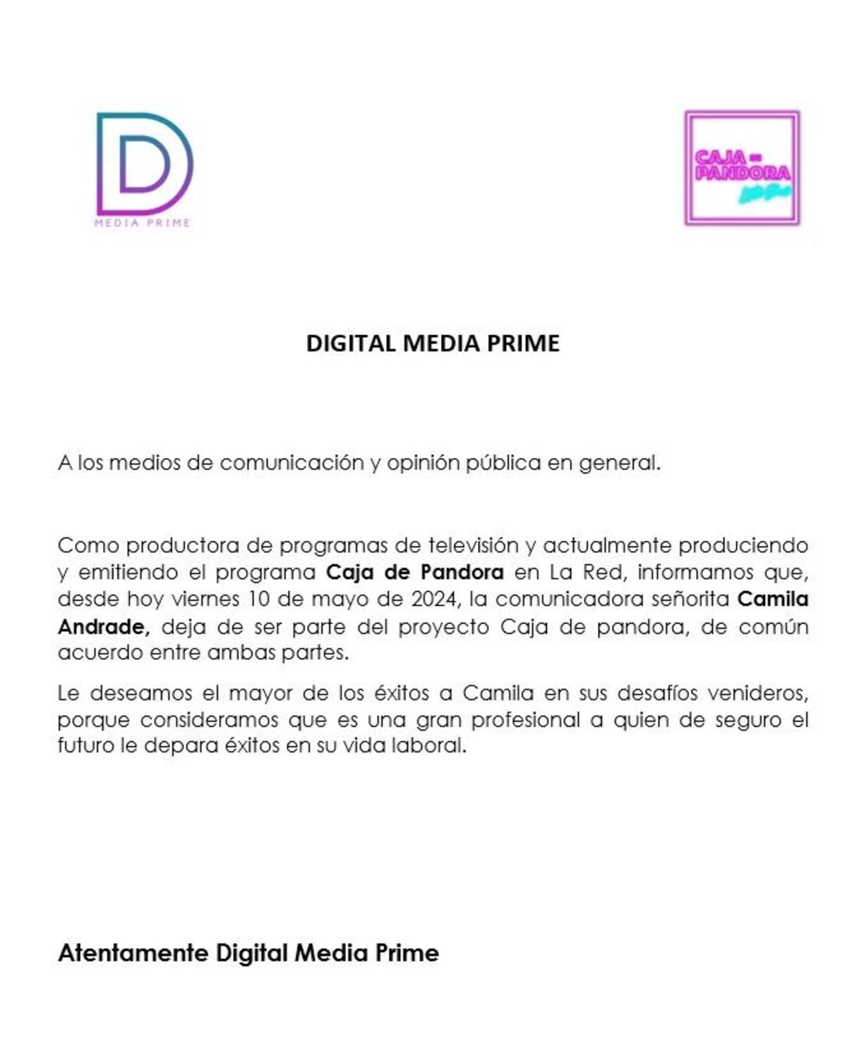 Camila Andrade es desvinculada de Caja de Pandors