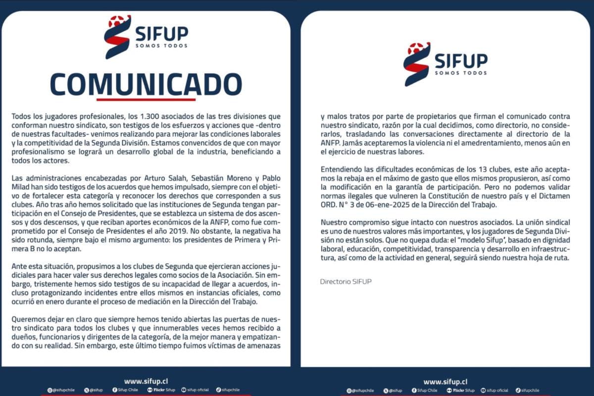 El Sindicato anunció que cesará el diálogo con los clubes de Segunda División. Foto: Sifup.