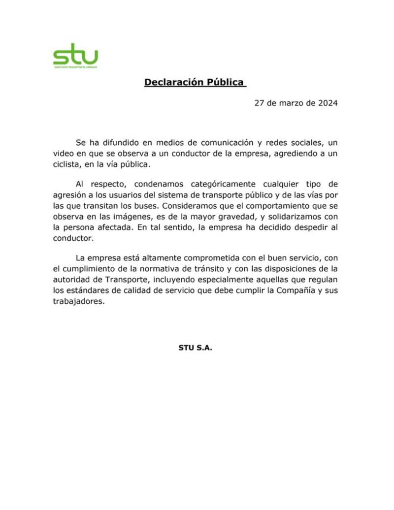 Comunicado de STU. Créditos: @stu_urbano